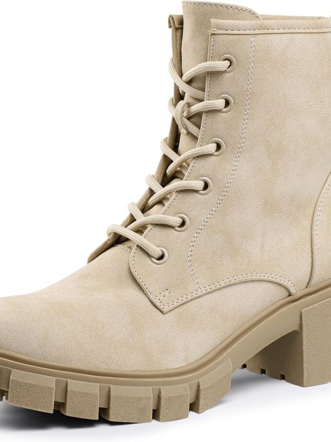 Combat Boots Womens Ankle Boots Low Block Heel Fashion Chunky Short Platform Dress Boots for Women Round Toe Lace Up Boots Ladies Comfortable Cute Stylish Casual Work Lug Sole Booties