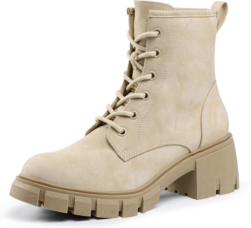 Combat Boots Womens Ankle Boots Low Block Heel Fashion Chunky Short Platform Dress Boots for Women Round Toe Lace Up Boots Ladies Comfortable Cute Stylish Casual Work Lug Sole Booties