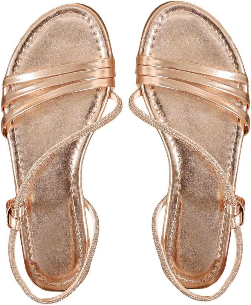 Women Rhinestone Sparkly Metallic Strappy Flat Sandals Open Toe Sides