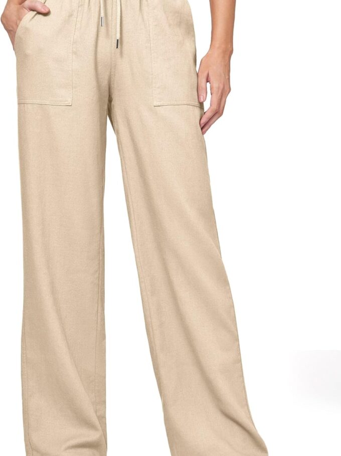 Women Linen Pants Wide Leg Casual Palazzo Pants Cotton Linen Lounge Beach Summer Pants with Pockets 29"/31"/ 33"