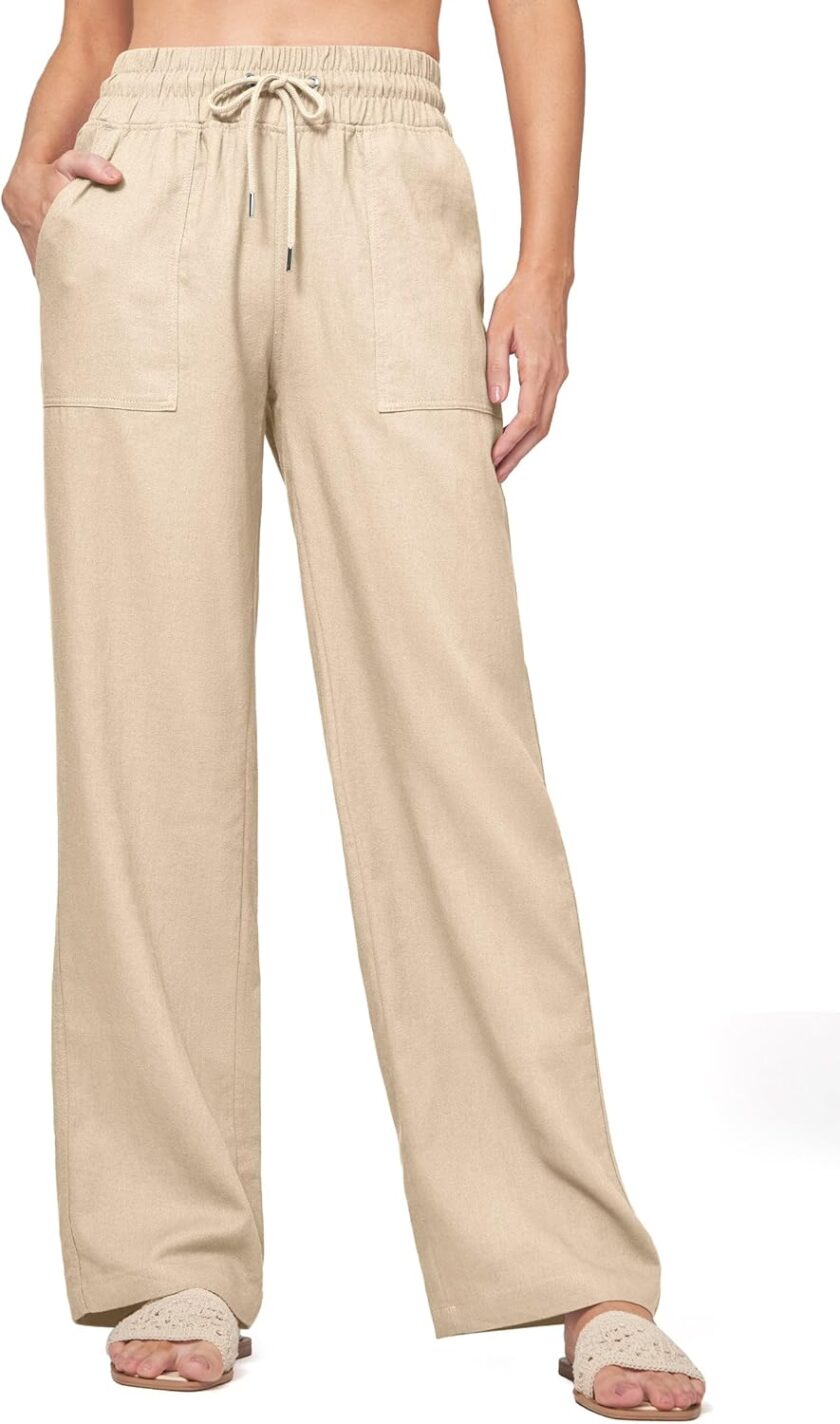 Women Linen Pants Wide Leg Casual Palazzo Pants Cotton Linen Lounge Beach Summer Pants with Pockets 29"/31"/ 33"