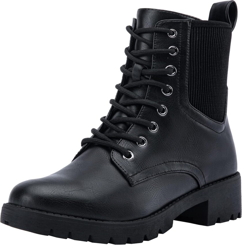 Women's Ankle Boots, Combat Lace up Booties with Inside Zipper