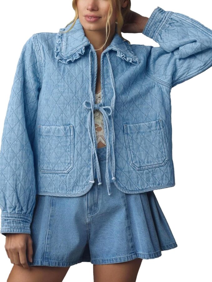 Women Denim Jacket Casual Long Sleeve Peter Pan Collar Denim Shirts Tie Front Shacket Loose Fit Top