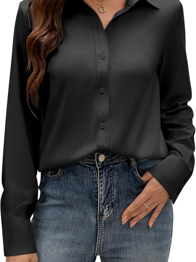Button Down Dress Shirts for Women Long Sleeve Wrinkle Free Shirts Solid Work Business Formal Button Up Shirt