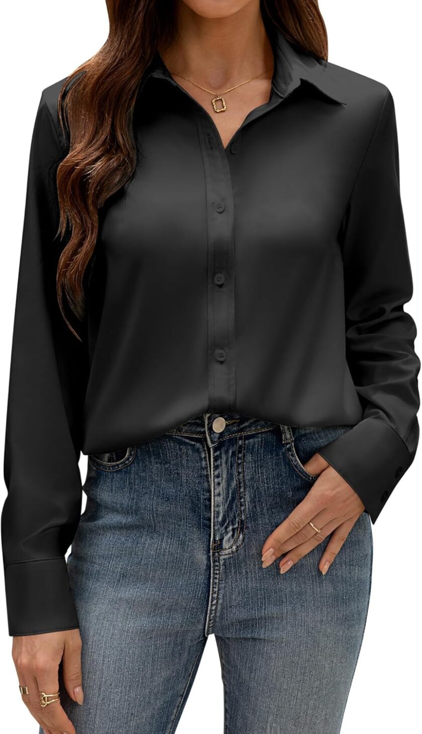 Button Down Dress Shirts for Women Long Sleeve Wrinkle Free Shirts Solid Work Business Formal Button Up Shirt