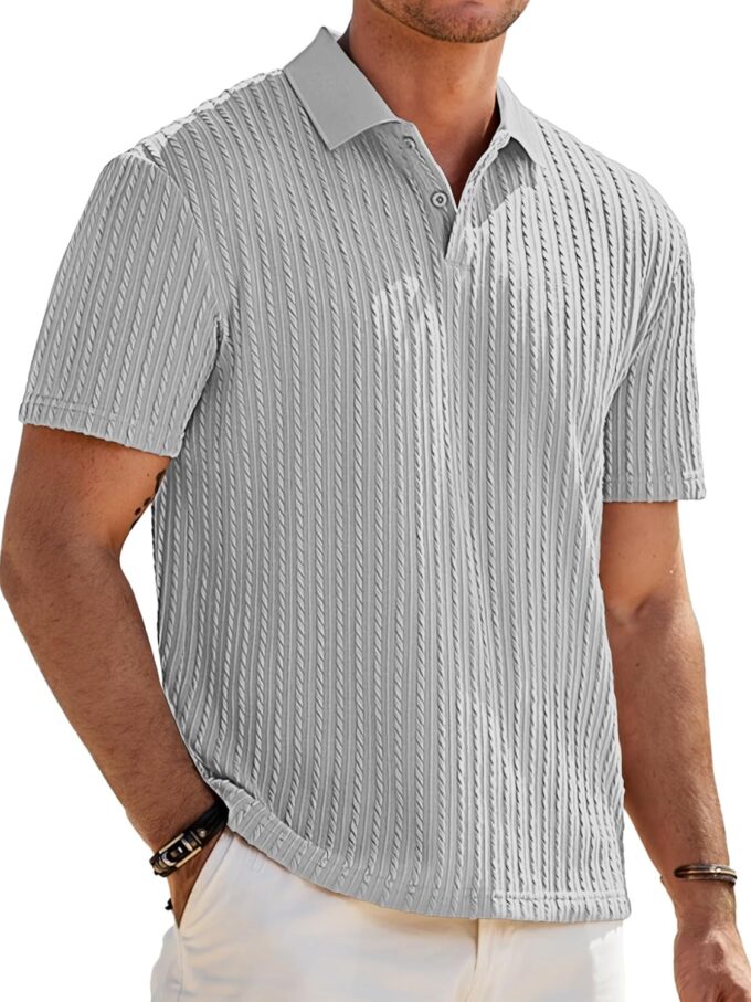 Men Casual Polo Shirt Summer Short Sleeve Vacation Button Beach Knit Stretchy Golf Shirts