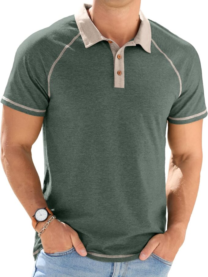 Men Short Sleeve Polo Shirts Cotton Golf Shirts Fashion Casual Raglan