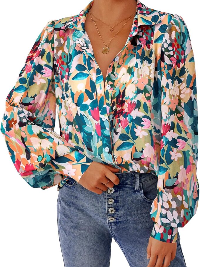 Women Floral Blouses Dressy Casual V Neck Button Down Shirts Lantern Long Sleeve Boho Chiffon Spring Tops 2025