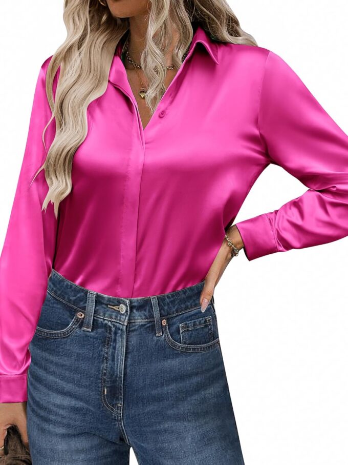 Satin Blouses for Women Casual Long Sleeve Button Down Silk Shirts Dressy Business Work Tunic Top