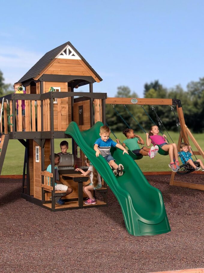 Backyard Discovery Canyon Creek Cedar Wood Swing Set with Wave Slide, Clubhouse, Play Kitchen, Picnic Area, Belt Swings, Web Swing, Rock Wall, Balconies, Playhouse, Step Ladder, Outdoor Playset