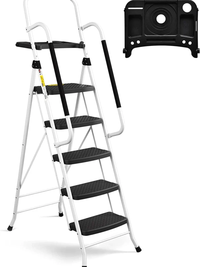 HBTower Folding 5-Step Ladder, 330lbs, with Handrails and Tool Tray and Anti-Slip Pedal, White