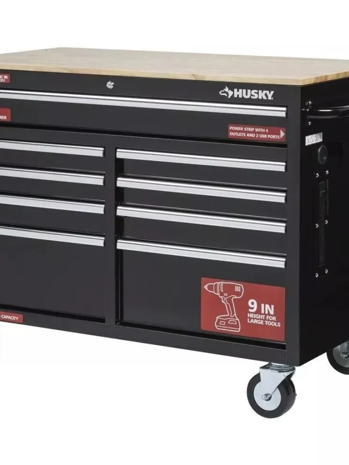 46 in. W x 24 in. D 9-Drawer Gloss Black Deep Tool Chest Mobile Workbench