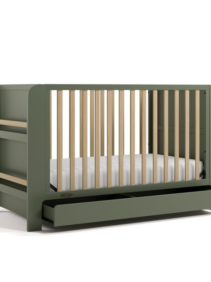 Graco Read-with-Me 4-in-1 Convertible Crib with Drawer, Olive/Driftwood
