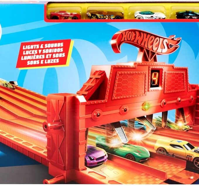 Hot Wheels Super 6-Lane Raceway Track Set, Lights & Sounds, 6 Cars