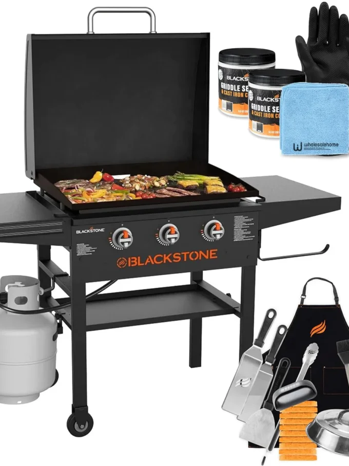 28 Inch Blackstone Griddle 2080 with Hood XL Griddle Original 3-Burner Outdoor Flat Top Grill, with Blackstone Griddle Accessories, Seasoning, and Wholesalehome Gloves and Cloth