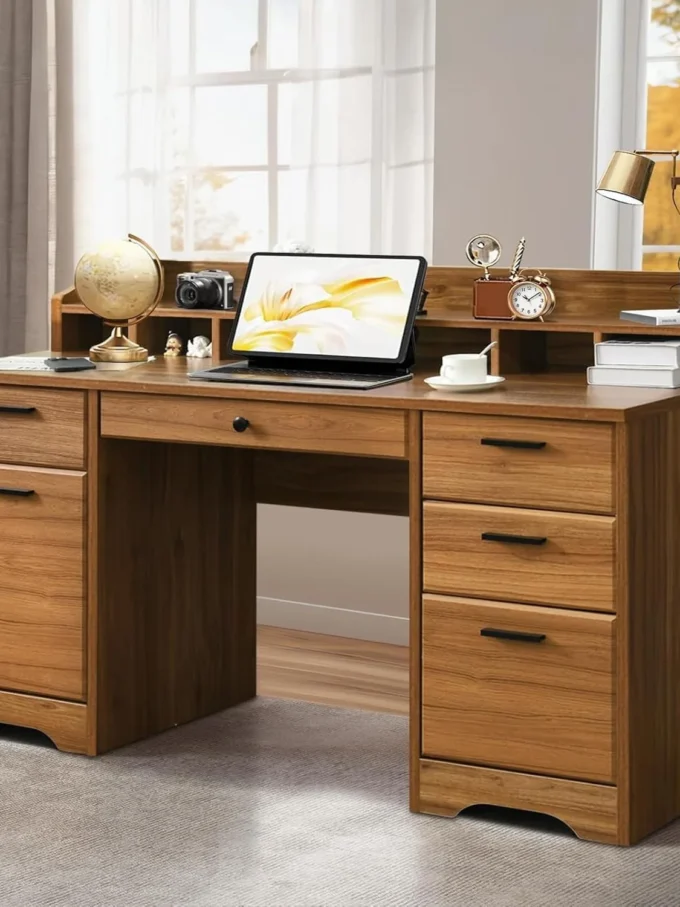 Executive Desk with Drawers, 58 Inch Desk with Storage, Wood Executive Desk with 6 Drawers, Study Desk for Bedroom, Business Furniture Desk with File Cabinet, Vintage Brown