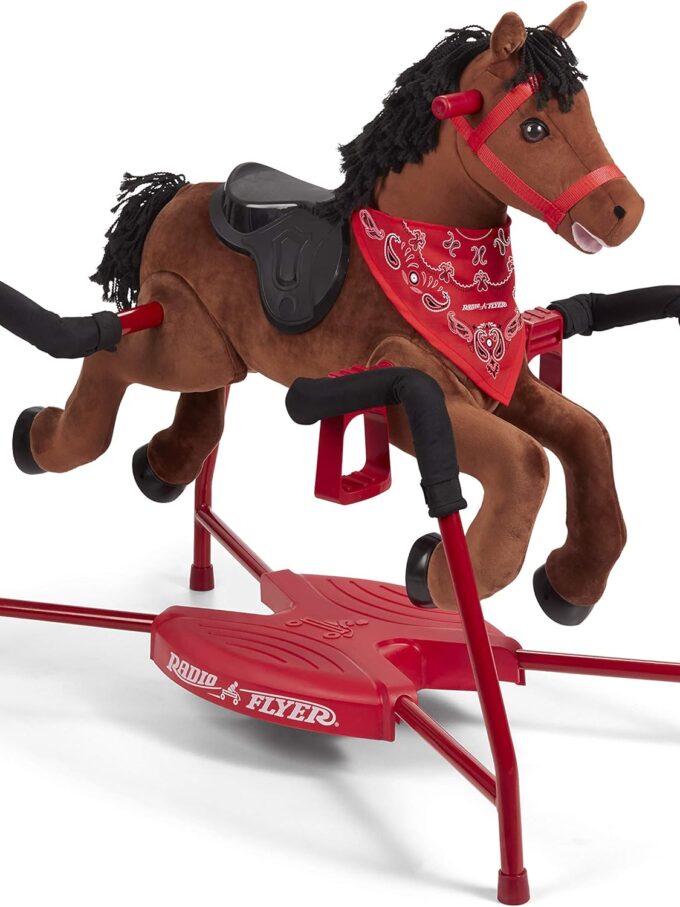 Brown plush interactive riding horse