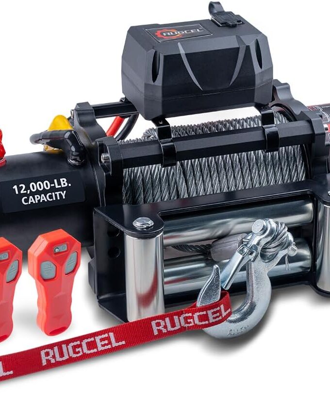 RUGCEL WINCH 12000lb 12V Truck Waterproof Electric Black Steel Rope Electric Winch with Roller Fairlead,Wired Handle,2 Infrared Remote Control, Trailer Winch