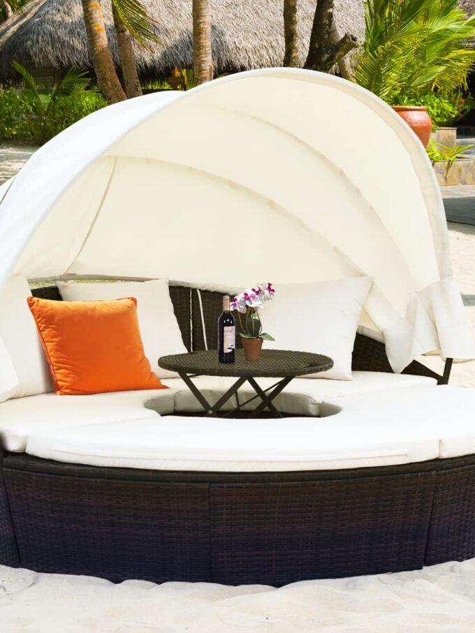 Outdoor daybed, rattan round daybed with sunshade canopy, patio set with cushions and adjustable coffee table, rattan patio furniture, suitable for backyard terraces, porches, and poolside (green color)