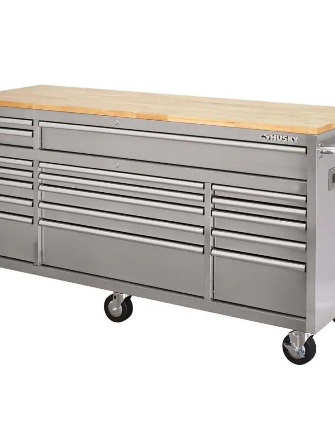 72 in 18-Drawer 24 in. D Mobile Workbench with Solid Wood Top Stainless Steel