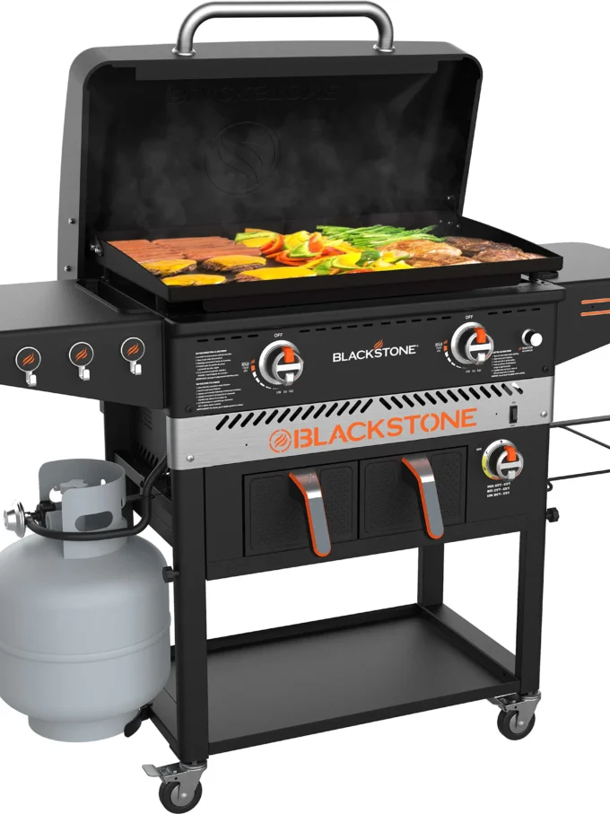 Blackstone 1962 Air Fryer Combo & Two Burners Stainless Steel Gas Hood, Wheels, Two Side Shelf – Heavy Duty Outdoor Griddle Station for Backyard, Patio, 28 inch Black