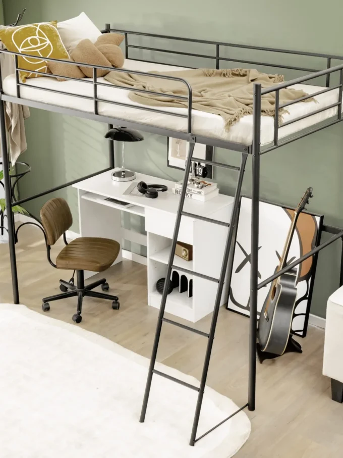 Twin Metal Loft Bed, Heavy-Duty Loft Bed Frame with Ladder & Safety Guard Rails