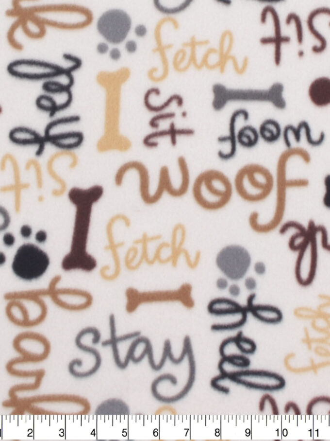 Blizzard Fleece Fabric Neutral Dog Words
