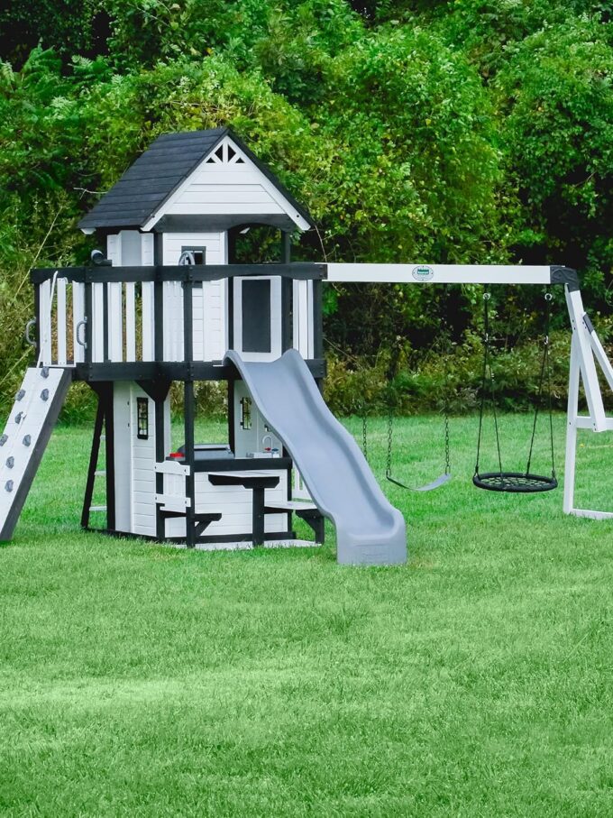 Backyard Discovery Canyon Creek Cedar Wood Swing Set with Wave Slide, Clubhouse, Play Kitchen, Picnic Area, Belt Swings, Web Swing, Rock Wall, Balconies, Playhouse, Step Ladder, Outdoor Playset