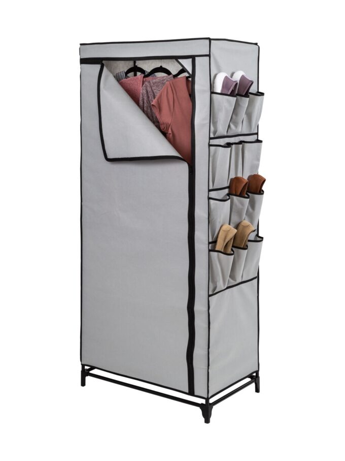 Honey Can Do 62 Gray Portable Wardrobe Closet With Cover & Side Pockets