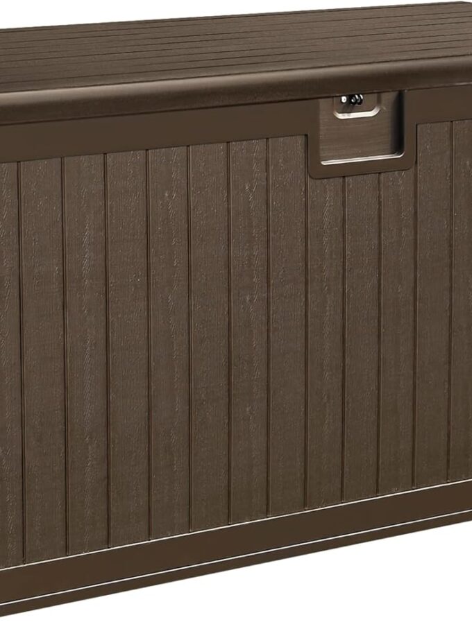 150-gallon double-tiered storage box, equipped with partitions and side handles, suitable for outdoor large storage purposes, can hold patio furniture cushions and garden pool accessories, waterproof and lockable.